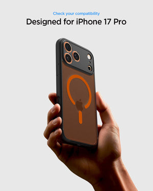 Spigen iPhone 17 Pro Ultra Hybrid MagFit case in Frost Black Orange - iPhone 17 Pro compatibility confirmation