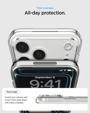 Spigen iPhone 17 Pro Ultra Hybrid MagFit case in Clear Gold - raised camera and screen edge protection