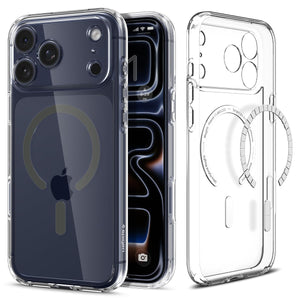 Spigen iPhone 17 Pro Ultra Hybrid MagFit case in Clear Graphite - front and back product view