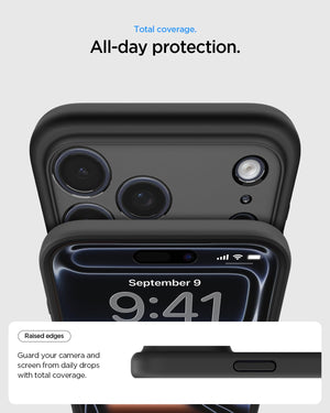 Spigen iPhone 17 Pro Ultra Hybrid MagFit case in Frost Black - raised camera and screen edge protection