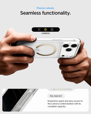 Spigen iPhone 17 Pro Ultra Hybrid MagFit case in Clear Gold - Camera Control access and fit details