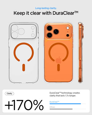 Spigen iPhone 17 Pro Ultra Hybrid MagFit case in Clear Orange - case design and side profile