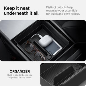 Spigen Tesla armrest organizer two-section storage detail