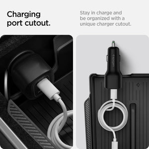Spigen Tesla armrest tray cable management cutout detail