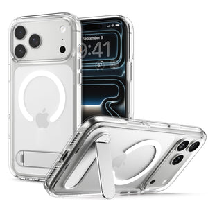 Spigen iPhone 17 Pro Max Ultra Hybrid S MagFit case in Clear White - front, back and kickstand views