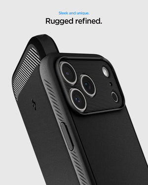 Spigen iPhone 17 Pro Rugged Armor MagFit case in Matte Black - camera plateau detail