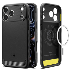 Spigen iPhone 17 Pro Rugged Armor MagFit case in Matte Black - front, back and interior views