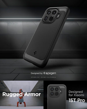 Spigen Xiaomi 15T Pro Case – Rugged Armor matte black back and side profile