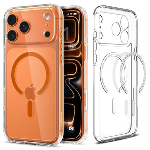 Spigen iPhone 17 Pro Ultra Hybrid MagFit case in Clear Orange - front and back product view