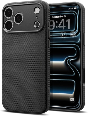 Spigen iPhone 17 Pro Liquid Air case in Matte Black - front and back product view