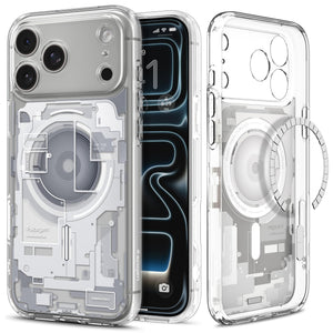 Spigen iPhone 17 Pro Max Ultra Hybrid Zero One MagFit case in Zero One White - front and back product view