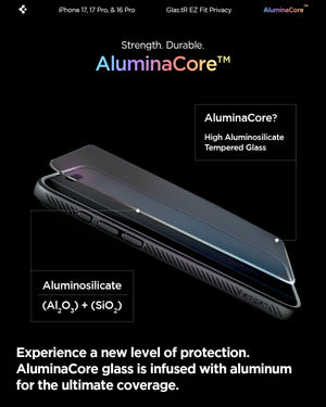 Spigen iPhone 17 Pro / 17 Screen Protector – GLAS.tR EZ Fit | Privacy - Privacy - AluminaCore glass structure detail
