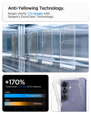 Spigen Galaxy S26 Liquid Crystal Glitter Crystal Quartz – DuraClear anti-yellowing feature illustration