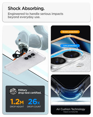 Spigen Galaxy S26 Liquid Crystal Glitter Crystal Quartz – impact absorption and Air Cushion illustration