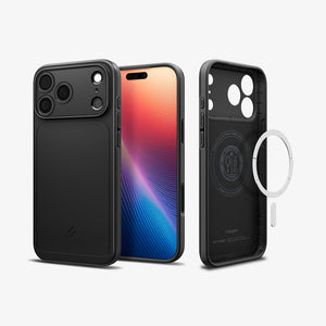 Spigen iPhone 17 Pro Case – Thin Fit (MagFit) - Black - back, front and inner case views