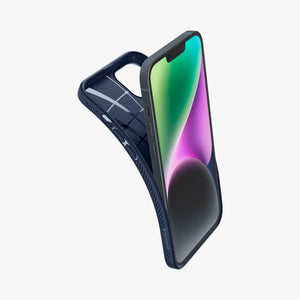 ACS05038 - iPhone 14 Case Liquid Air in navy blue showing the back bending slightly away from device to show the flexibility