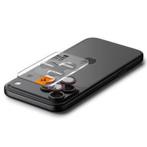 Spigen iPhone 17 Pro Max / 17 Pro Lens Protector – Optik Pro EZ Fit - L-Series - alignment tray positioned above the camera lenses