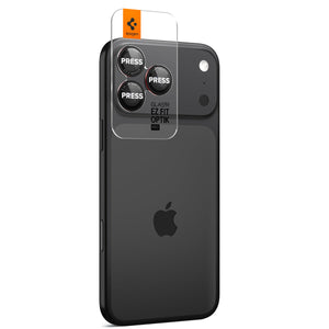 Spigen iPhone 17 Pro Max / 17 Pro Lens Protector – Optik Pro EZ Fit - L-Series - alignment tray installed on device