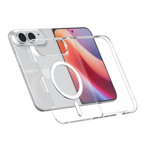 Spigen Air Skin MagFit Clear White case for iPhone Duo – transparent shell shown alongside the phone