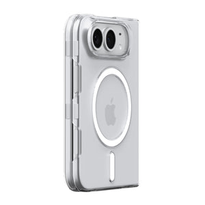 Spigen Air Skin MagFit Clear White case for iPhone Duo – folded rear view with white magnetic ring
