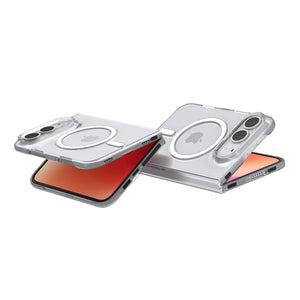 Spigen Air Skin MagFit Clear White case for iPhone Duo – two partly folded positions