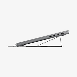 AMP11117 - Slim Fold Laptop Stand | Non-Adhesive | Black LD201-S8 showing side view of Macbook laptop closed propped up at low angle