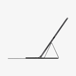 AMP11117 - Slim Fold Laptop Stand | Non-Adhesive | Black LD201-S8 showing side view of iPad propped up at a high angle