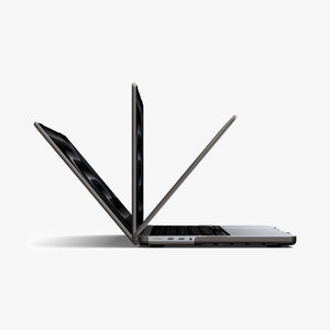 Spigen MacBook Pro 14-inch Air Skin in Frost Black showing three MacBook units opened at different angles to demonstrate the case allows full range of motion beyond 90 degrees