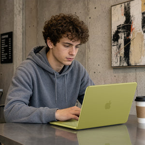 Spigen Air Skin Frost Citrus case in use for MacBook Neo 13-inch