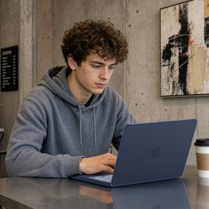 Spigen Air Skin Frost Indigo case in use for MacBook Neo 13-inch