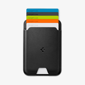 Spigen Valentinus MagFit Black wallet holding five cards on an iPhone