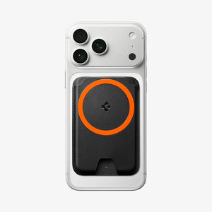 Spigen Valentinus MagFit+ five-card wallet mounted on a clear iPhone case