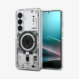 Spigen Galaxy S26 Plus Case Ultra Hybrid Neo One (Mag Fit) showing the back with the device, partial back case only, partial front and sides