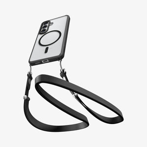 Spigen Galaxy S26 Case Ultra Hybrid (Mag Fit) Matte Black showing device and case with double strap on bottom