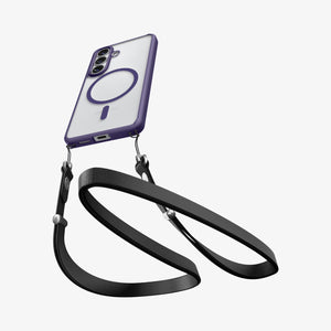 Spigen Galaxy S26 Case Ultra Hybrid (Mag Fit) Deep Purple showing device and case with double strap on bottom