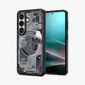 Spigen Galaxy S26 Case Ultra Hybrid Zero One (Mag Fit) Black showing the back with the device, partial back case only, partial front and sides