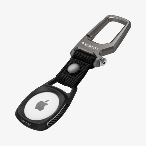 AMP01565 - AirTag Case Rugged Armor showing the front and side with carabiner opened