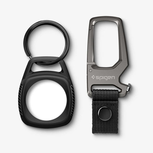 AMP01565 - AirTag Case Rugged Armor showing the front and side with carabiner opened