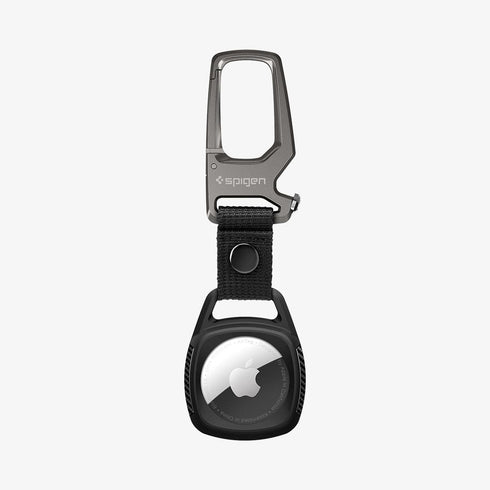 AMP01565 - AirTag Case Rugged Armor showing the front and side with carabiner opened