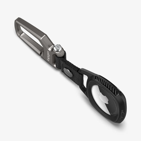 AMP01565 - AirTag Case Rugged Armor showing the front and side with carabiner opened