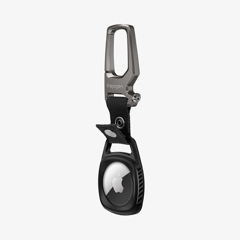 AMP01565 - AirTag Case Rugged Armor showing the front and side with carabiner opened