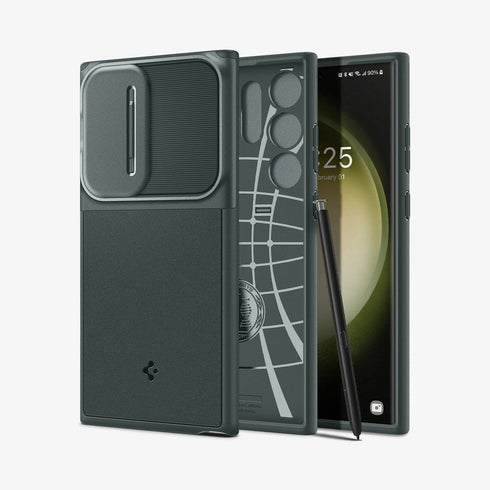 ACS05639 - Galaxy S23 Ultra Case Optik Armor in black showing the back with lens protector slot open