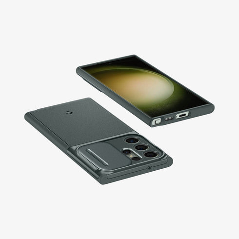 ACS05639 - Galaxy S23 Ultra Case Optik Armor in black showing the back with lens protector slot open