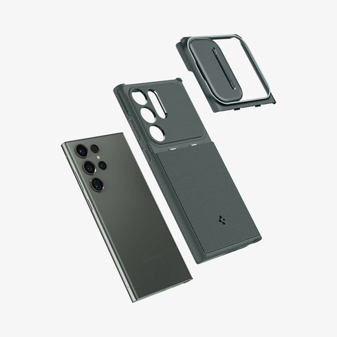 ACS05639 - Galaxy S23 Ultra Case Optik Armor in black showing the back with lens protector slot open