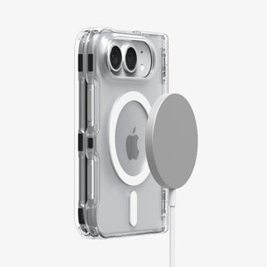 iPhone Duo Ultra Hybrid Pro (Mag Fit) in Clear White showing magnetic accessory compatibility with a secure attachment