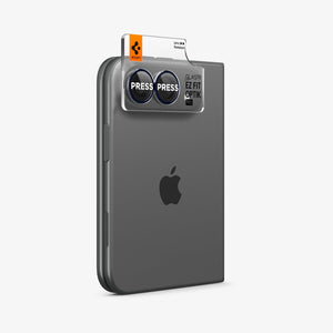 iPhone Duo Optik Pro EZ Fit Lens Protector in Black showing the EZ Fit Optik Pro installation tray fitted over the dual camera lenses