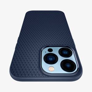 ACS03259 - iPhone 13 Pro Case Liquid Air in navy blue showing the back and top with a close up of the camera lens