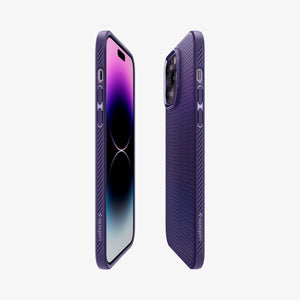 Spigen iPhone 14 Pro Max Case – Liquid Air - Deep Purple - side, partial back and front views
