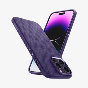 Spigen iPhone 14 Pro Max Case – Liquid Air - Deep Purple - back, side and front views