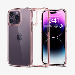 Spigen iPhone 14 Pro Max Case – Ultra Hybrid in Rose Crystal – front, back, and empty-case views